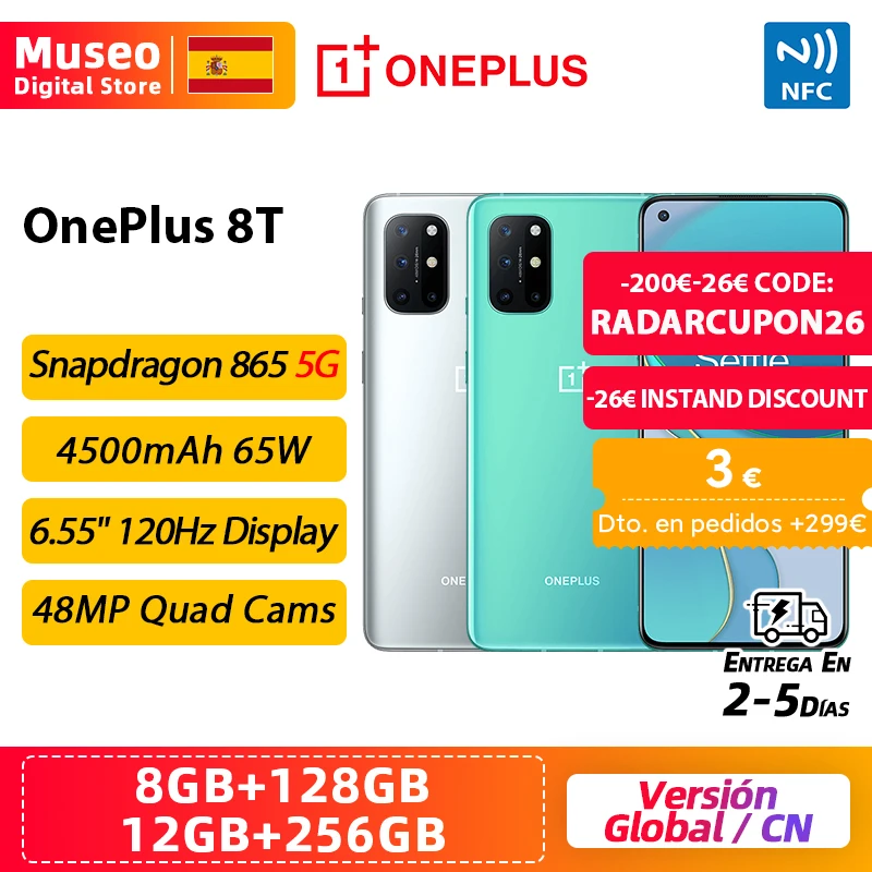 OnePlus 8T, ROM Global, 8GB/12GB RAM 128GB/256GB ROM, Snapdragon 865 5G Movil, 6.55 120Hz Pantalla, 48MP Cámara, Carga de 65W NFC