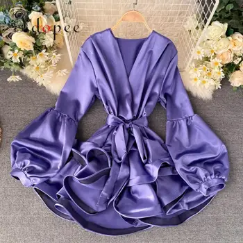 

Sexy Dress Fashion Lantern Sleeve Ruffle Sweet Solid Color High-end Satin Texture Elegant Temperament Closed Waist Vestidos