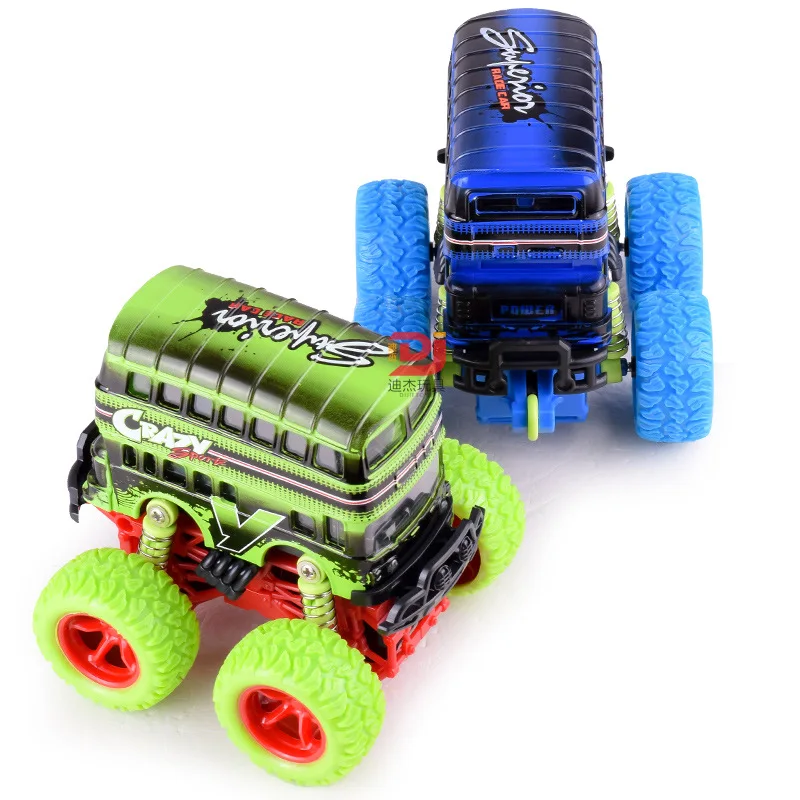 

Model Four-Wheel Drive Inertia Off-road Big Wheel Alloy Double Layer Bus Children Graffiti Acrobatics Toy Car
