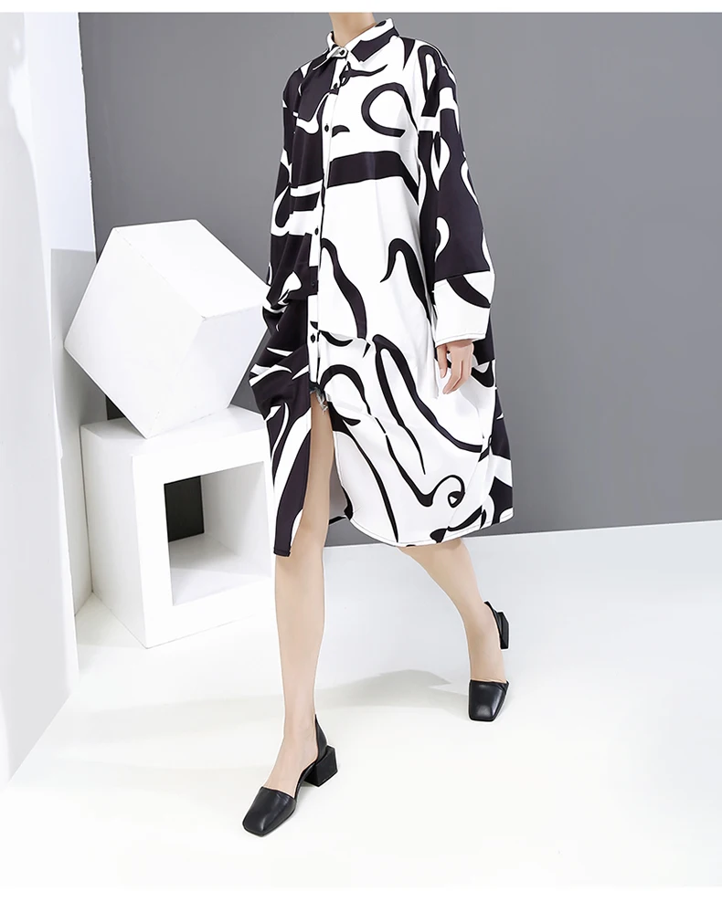 New Fashion Black And White Tie Dye Print Shirt Dress