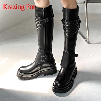 

Krazing pot genuine leather round toe high heel riding boots young lady daily wear winter keep warm fashion knee-high boots L11