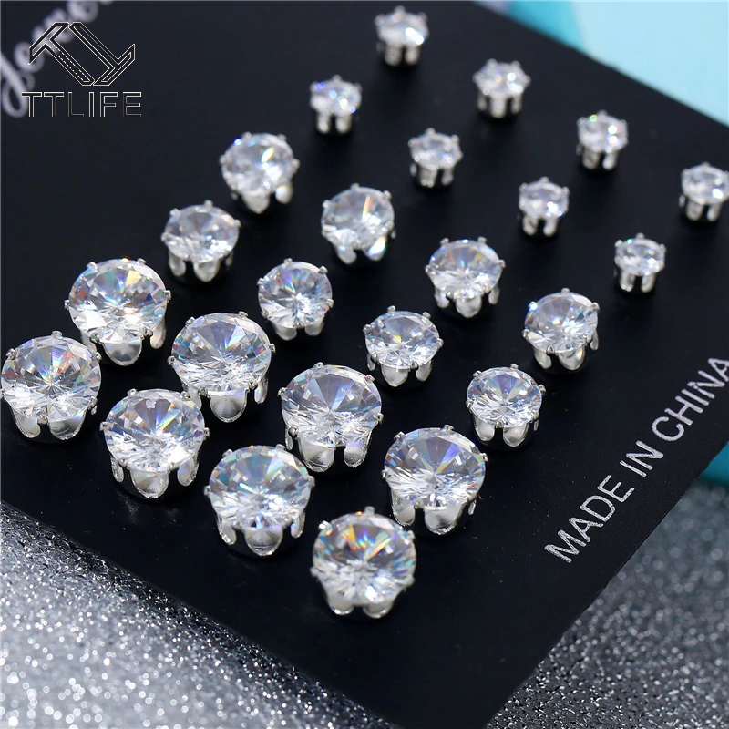 

TTLIFE 12pcs Zircon Simple and Versatile Plated Round Six Claw Crystal White Stone Earring Set