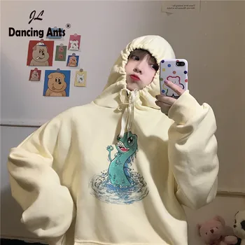 

Hoodies Women Cartoon Dinosaur Printed Pullover Hoodies ulzzang Long-Sleeved Hooded Sweatshirts Loose Casual Female Outwear Tops