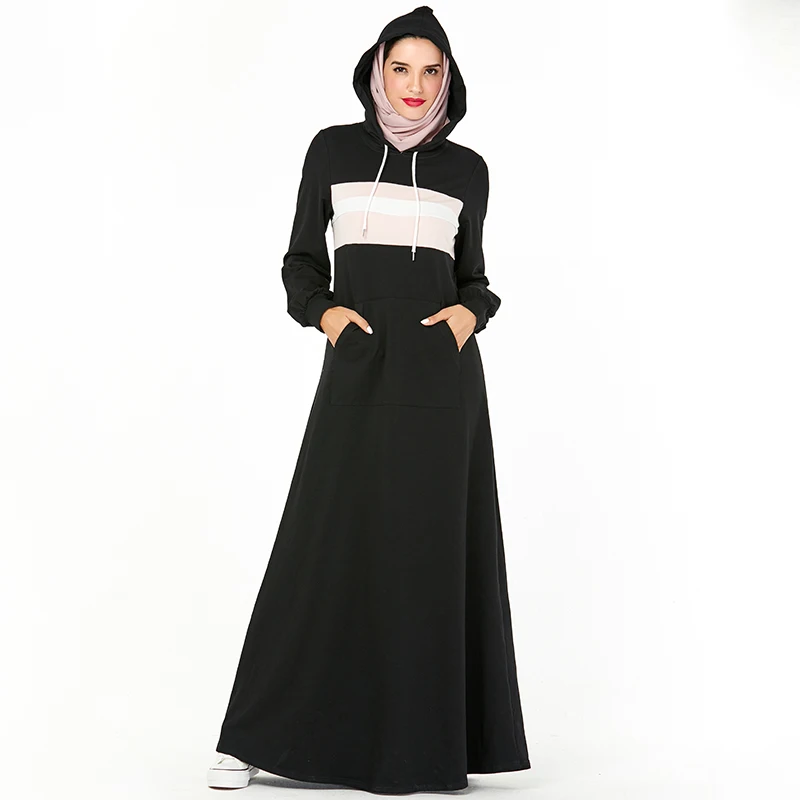 balck dress Siskakia/толстовка с капюшоном; платье с длинным передним карманом; Макси-платья; Сезон Зима; коллекция года; повседневные полосатые Популярные Цветные Лоскутные Спортивные костюмы; одежда для бега - Цвет: balck dress