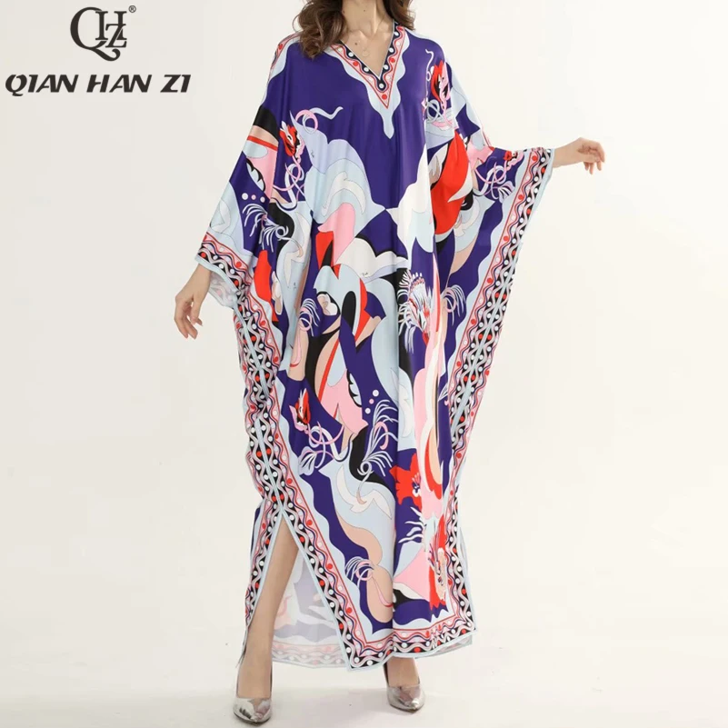 

Qian Han Zi designer fashion runway maxi dress Women's bat sleeve amazing pattern Printed loose holiday long dress