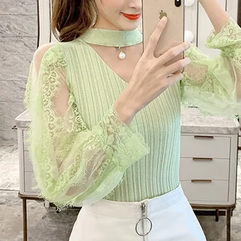 

Elegatn Autumn Winter Kntited shirt long-sleeved lace Stitching Sweater V neck Casual Women Pullovers