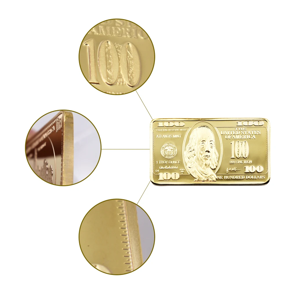 100 Dolar 24k золотой бар Американская металлическая монета золотые полосы USD 100 поддельные деньги орнамент мир бумага деньги Реплика бар