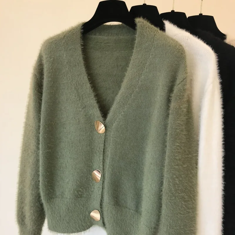 Осенне-зимний вязаный кардиган с v-образным вырезом, имитация кашемировый свитер пальто, ручная вязка, куртка из мохера, длинные меховые пиджаки из искусственного меха