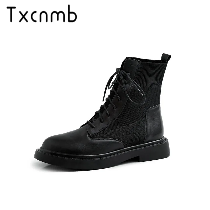 

TXCNMB Boots Women 2019 Autumn Ankle Boots Genuine Leather Motorcycle Boots Fashion Lace Up Round Toe Shoes for Women