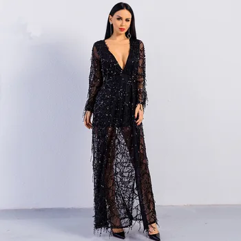 

Elegant Lady Evening Party Dress Sequins Prom Gown Sexy Tassel Perspective V-neck Vestidos De Festa Floor Length Robe De Soiree