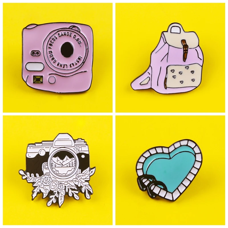 Prajna Pink/black and white camera Pins Badges for Clothes on Backpack Zinc Alloy Cartoon Metal pink backpack Pin Badge | Дом и сад
