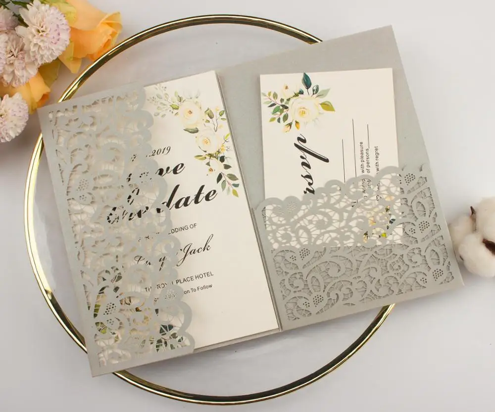 Burgundy Navy Blue Rose Gold Vine Vantage Tri-fold Shinny Glitter Paper Laser Cut Pocket Wedding Invitation Cards Envelope 1pcs