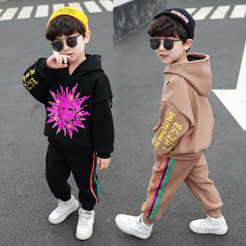 

Childrenswear 2019 Autumn & Winter BOY'S New Style CHILDREN'S Suit Autumn And Winter Sunflower plus Velvet Two-Piece Set
