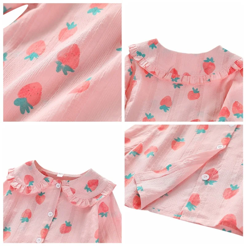 Детская милая блузка для маленьких девочек; одежда с воротником в виде листьев лотоса и фруктовым принтом; милая блузка на пуговицах с длинными рукавами