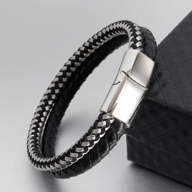 Stainless Steel Wire Cable Magnetic Clasp Double Layered Bracelet Braided Genuine Leather Chain Mens Women Jewelry | Украшения и