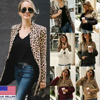 

Women Leopard Jacket Sweater Top Warm Casual Winter Cardigan Long Sleeve Coat US