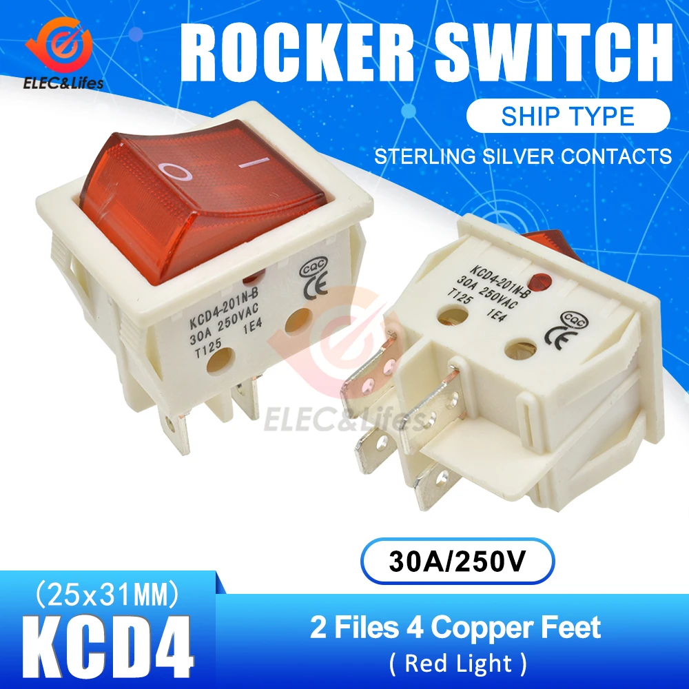 30A 250V 4 6 Pin ON-OFF кулисный переключатель для лодки контакты из стерлингового серебра KCD4 выключатель питания со светодиодным индикатором светильник 30A/250V 25*31MM - Цвет: Red White 4pin