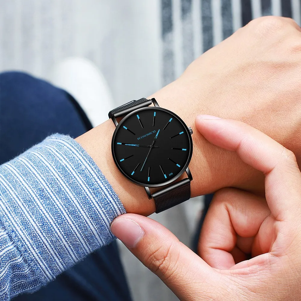 Lonomicxi ультра тонкие мужские часы синяя указка для отдыха кварцевые наручные часы из нержавеющей сетки ремешок Циферблат часы подарок Relogio Masculino