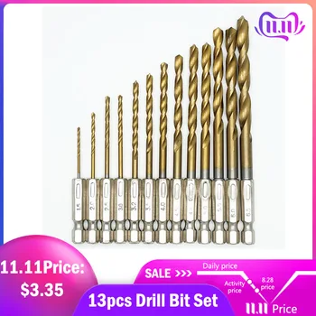 

13pcs HSS Titanium Coated Drill Bits High Speed Steel Drill Bit Set 1/4 Hex Shank Power Drilling Tool for Wood 1.5-6.5mm