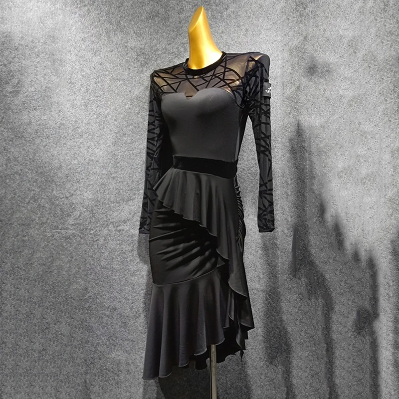 Latin Dance Dress Black Long Sleeve Adults Dancing Practice Clothing Rumba Tango Salsa Cha Cha Women Performance Wear