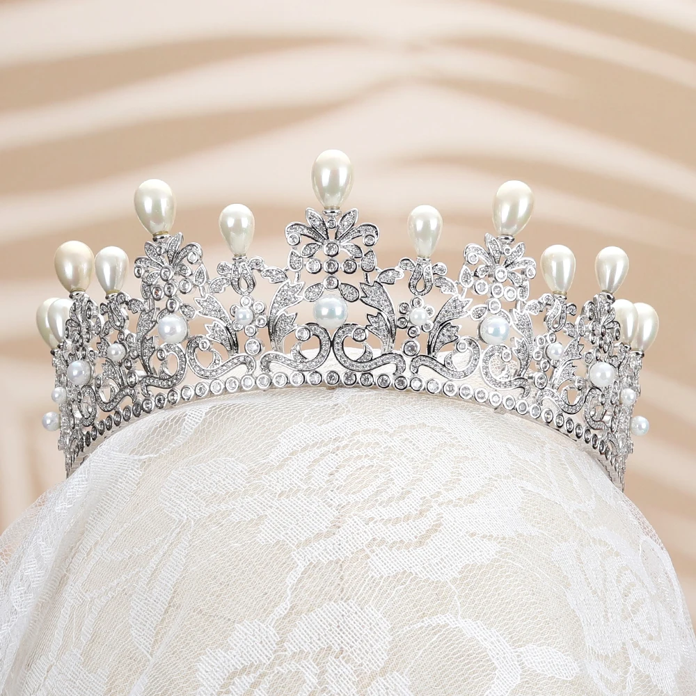 

TIRIM Pearl Cubic Zircon Crown Pearl Headband Women Tiaras Wedding Hair Jewelry Bride Hair Accessories Headwear Bridal Wedding