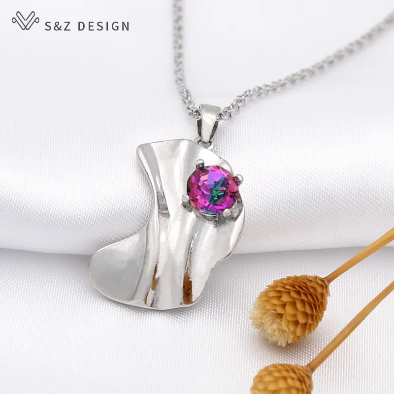 S&Z DESIGN New Fashion Elegant Simple Crystal Pendant Necklace For Women Curved Geometric Wave Metal Wedding Party Jewelry