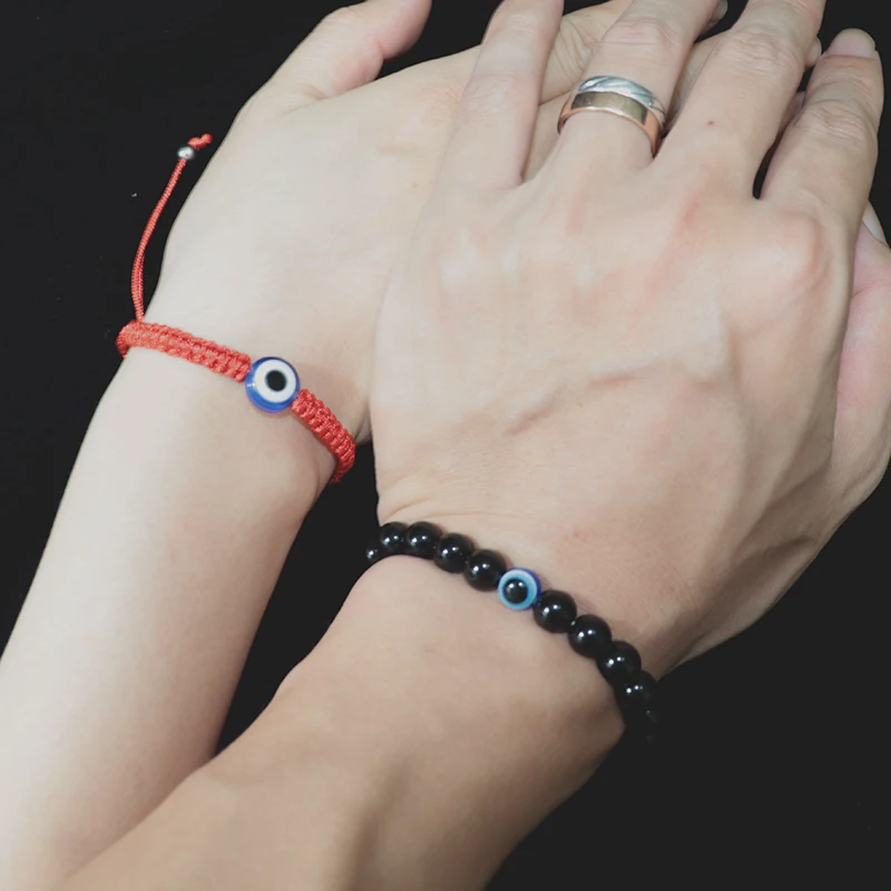 

Fashion 2pcs Bracelet Set For Lovers Weaving String Fatima Hand Hamsa Braslet Natural Obsidian Brazalete Red Braclet Jewelry