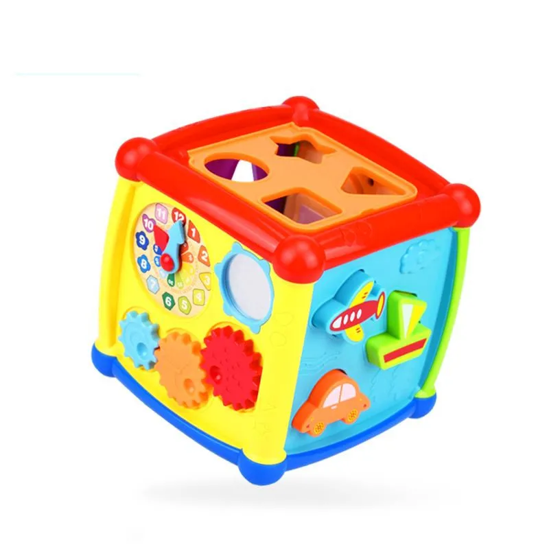 Многофункциональные Музыкальные Игрушки для малышей, музыкальная шкатулка, развивающий куб, часы-редукторы, геометрические блоки