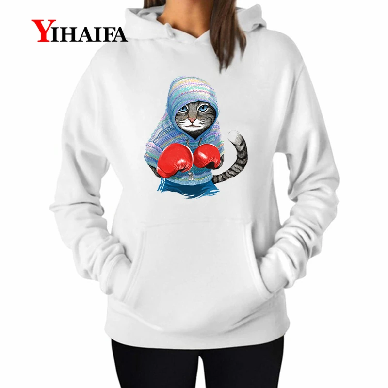 YIHAIFA Толстовка Харадзюку белые толстовки принт кошка графика женская уличная Девушка пуловер с напуском женский Животное пальто Топы