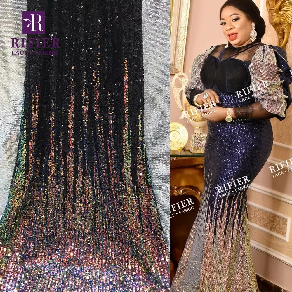 Эластичные африканские кружевные ткани с блестками градиентные золотистые