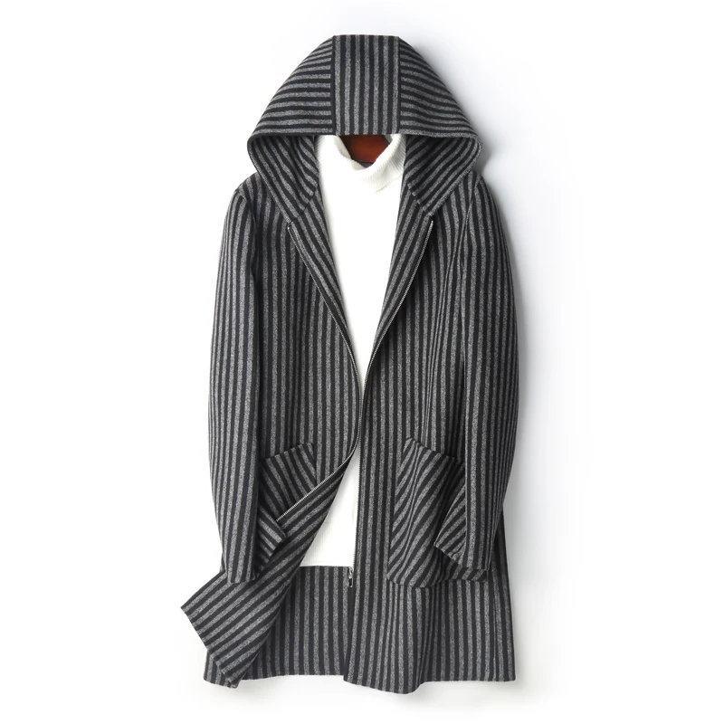 Autumn Winter Double Sided Wool Coats Top Quality Warm Hooded Striped Long Jackets casaco  D-04-19525 MF642