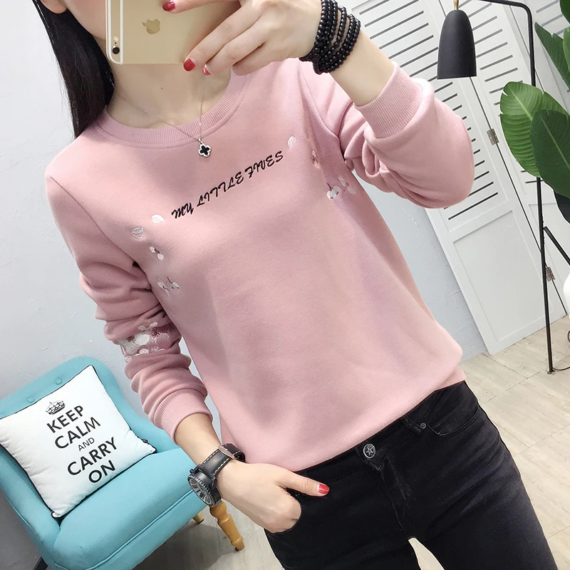 

Round Neck Sweatshirt Embroidery Solid Color Loose Pullover Long Sleeve Korean Style Autumn and Winter New Women Tops