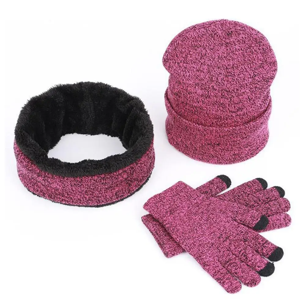 Зимняя шапка бини для женщин и мужчин, шарф бесконечности, перчатки с сенсорным экраном, набор из 3 предметов, вязаный комплект, утепленная плюшевая подкладка, теплые зимние лыжные перчатки - Цвет: PL