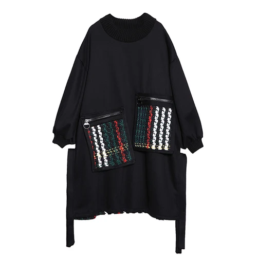 black ZLL4527 XITAO размера плюс, Лоскутная клетчатая толстовка, женская одежда, Модный пуловер с длинным рукавом, топ ZLL4527 - Цвет: black ZLL4527