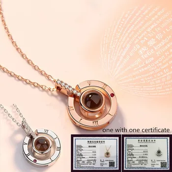 

925 Sterling Silver White&Rose Gold Round Thousand LOVE Language Pendant Necklace for Women S925 Neck Chains New Trendy Jewelry