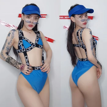 

Jazz Dance Costumes Bar Ds Sexy Gogo Female Dj Nightclub Pole Dancing Clothes Letter Bikini Set Singer Rave Stage Wear DN4419