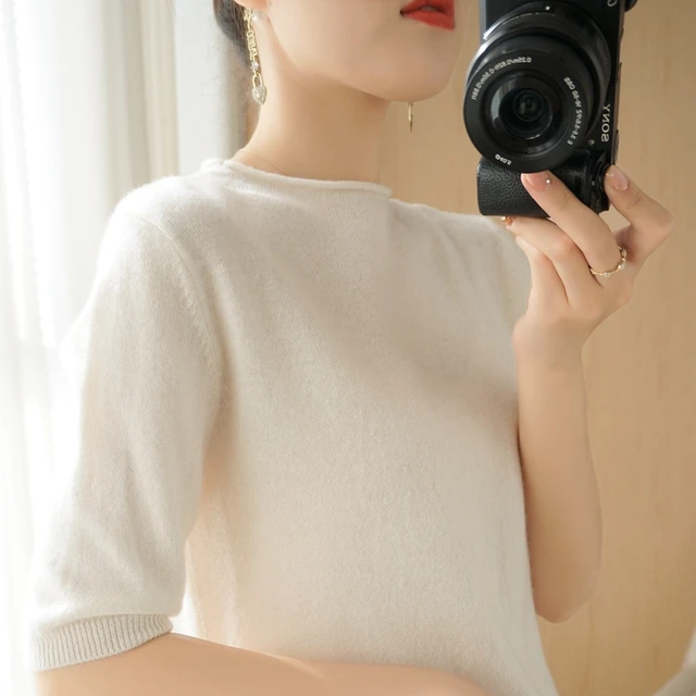 New women's cashmere sweater short sleeve Pullover short sleeve summer wool T-shirt short sleeve White