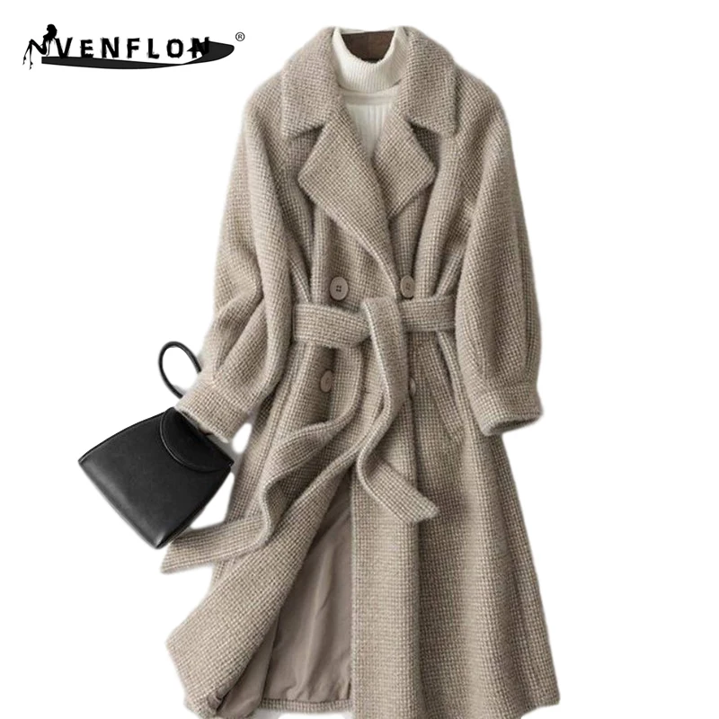 VENFLON осеннее зимнее корейское Женское пальто модное повседневное Свободное длинное шерстяное пальто женское хлопковое пальто с поясом