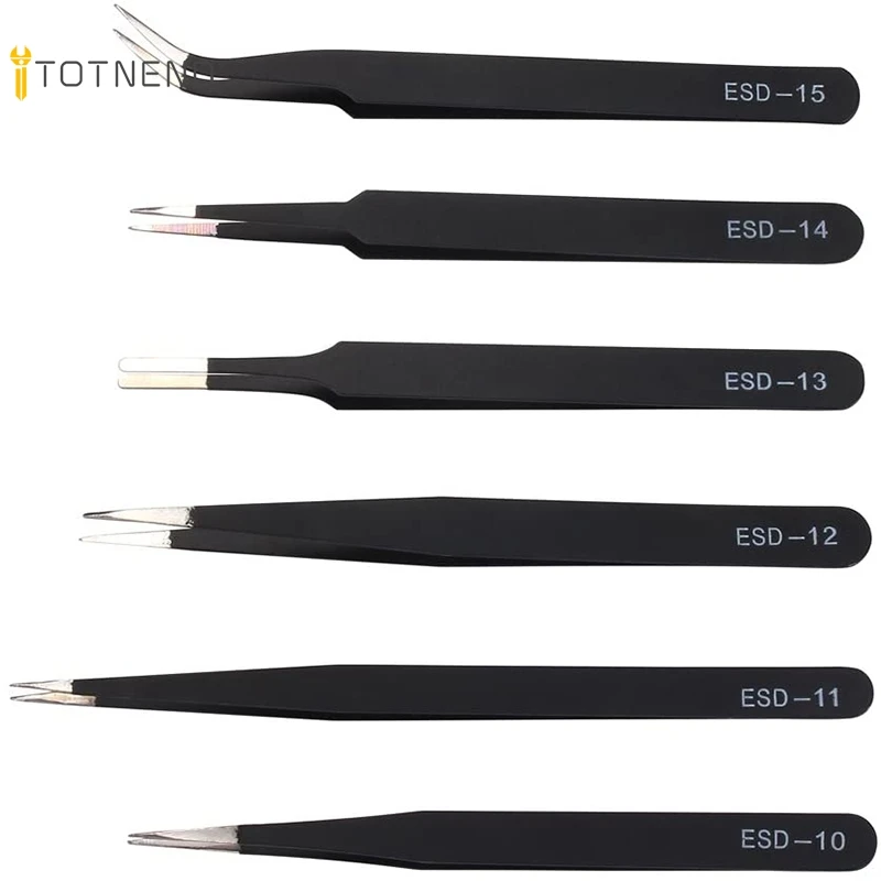 

6pcs Anti-static ESD Stainless Steel Tweezers Maintenance Tools Industrial Precision Curved Straight Tweezers Repair Tools