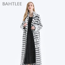 BAHTLEE Women Angora Long Coat Houndstooth Pattern Sweater Winter Wool Knitted Cardigans Jumper Turn Down Collar Long Sleeves dark grey embroidery pattern lantern sleeves knitted cardigans