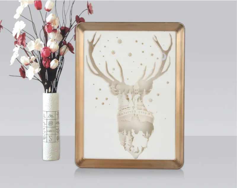 LED Night Lights Merry Christmas 3D Antelope Animal Shadow Paper Sculpture Light Box Unique Paper Cut Light USB Charging Bedside