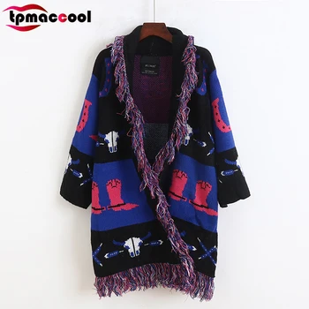 

Tpmaccool luxury designer high end women vintage weatern Lazy Crocheted Tassel Knitted Cardigan Casual Loose wool Sweater Coat