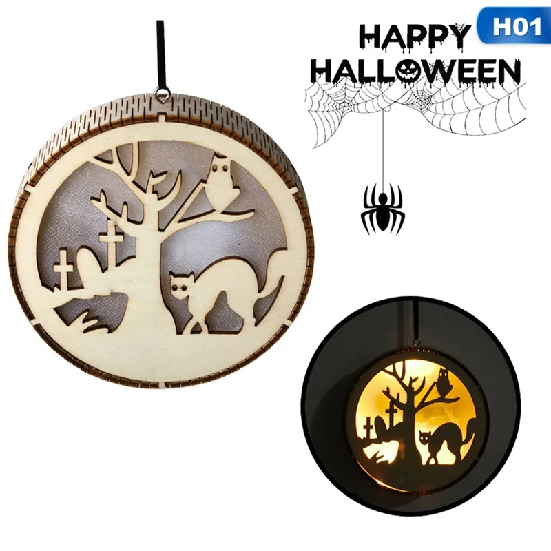 H01 Wooden Hanging Decoration For Halloween Round Laser Hollow LED Light Hanging Decoration Party Supplies - Цвет: H01