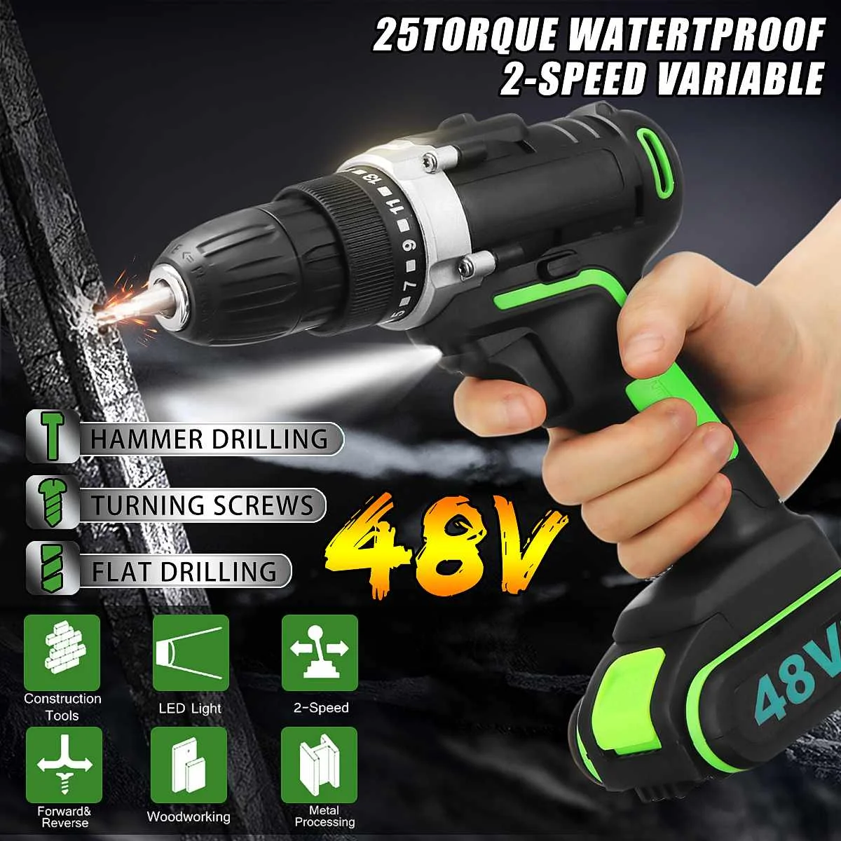 

48V 3 In 1 Cordless Power Drills 15+1 Torque Drilling Tool Dual Speed Electric Screwdriver Drill W/ 1 or 2 Li-ion Battery