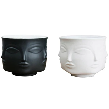 

2x Artist's Residence Face Flower Pot Potted Planting Garden Decoration White Pottery Vase Black /White Ceramic