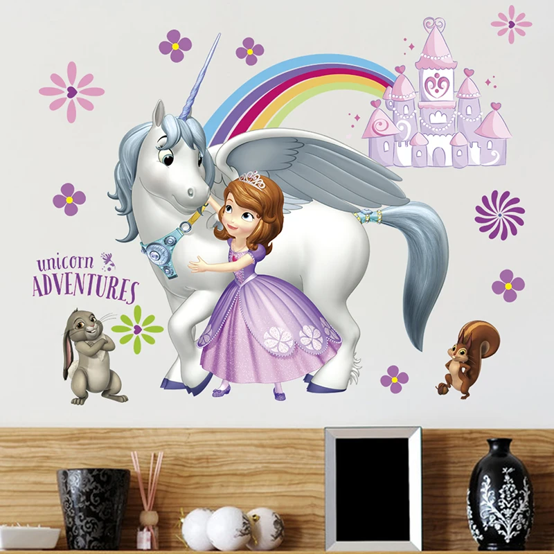 Cartoon Disney Sofia Princess Unicorn Adventures PVC Wall Stickers For Home Decor Kids Rooms Girls Bedrooms Mural Art Decoration