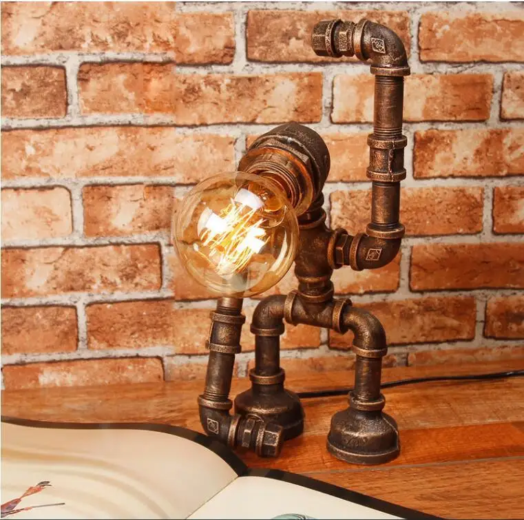 

European and American style retro iron industry style simple bar robot water tube dimmable night light table lamp