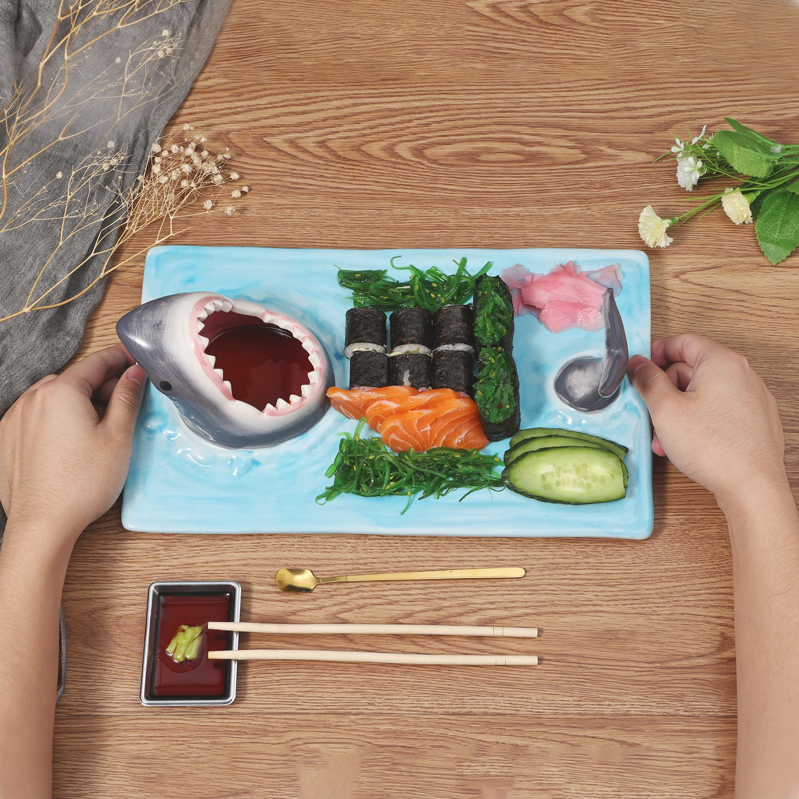 Ceramic Sushi Plate Shark Shape Rectangle Dessert Cake Snack Cheese Board Japanese-Style Skewer Plates