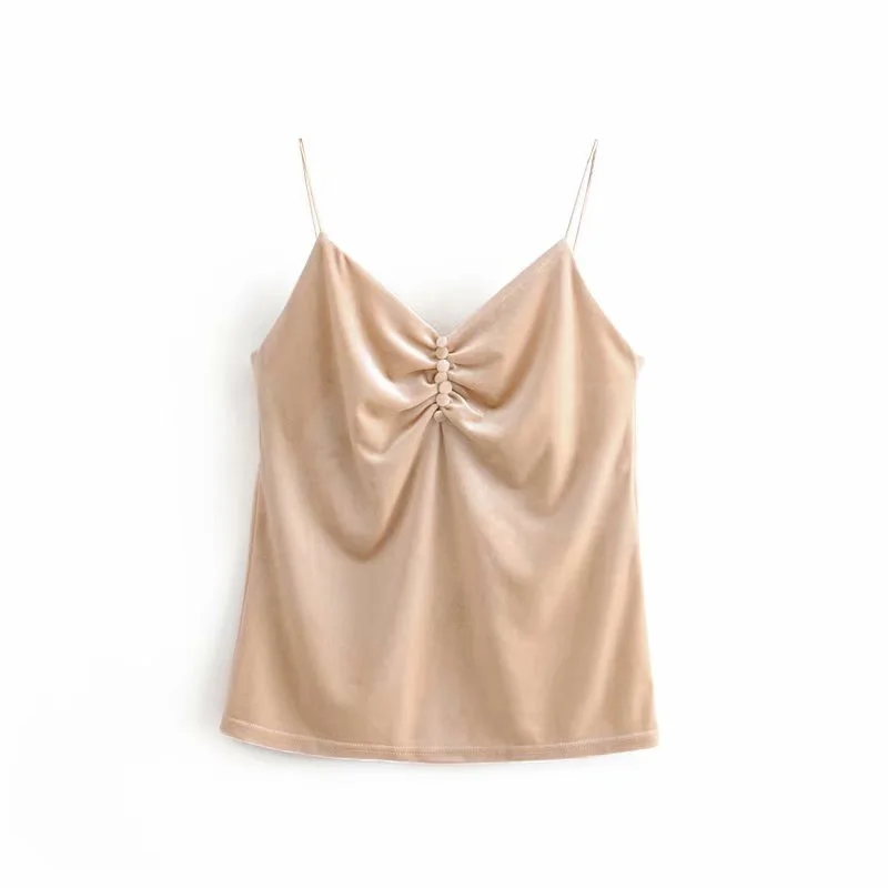 beige camisole Звездный Светлячок, модная Облегающая майка, Топ для женщин,, сексуальная бархатная плиссированная сумка с пряжкой, Женская майка - Color: beige camisole