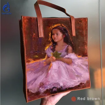

Art hand paint Beautiful little girl looking into the distance Design Women handbag Flower Printed Genuine Leather Shoulder Bag